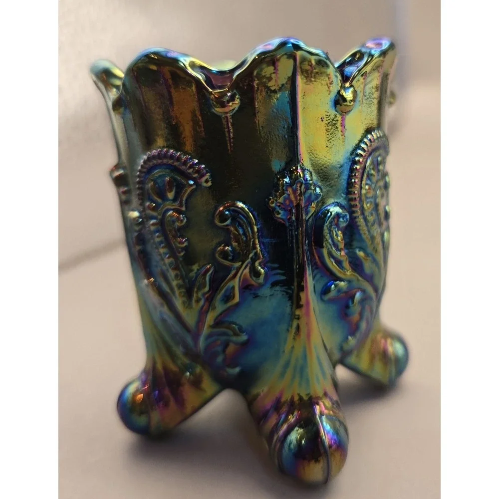 VTG  Toothpick Holder Joe St. Claire Fan Feathers Iridescent Gold, Scalloped Top